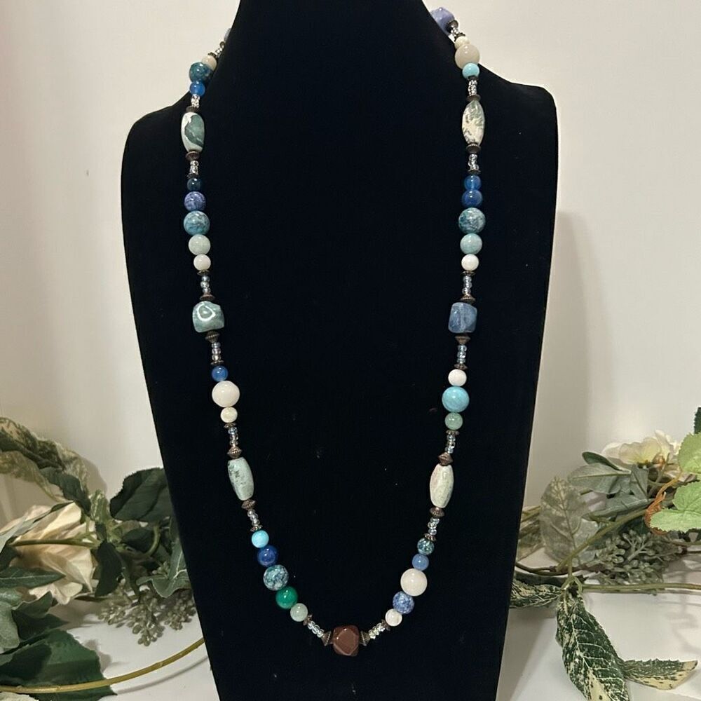 Vtg Multi Gemstone 30" Blue Lace Agate Labradorite Larimar Aventurine Necklace